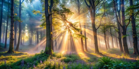Fototapeta premium Golden Rays Illuminate a Misty Forest, Photograph, Sunbeams, Mist, Trees, Forest, Nature