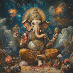 A vibrant depiction of Lord Ganesha, symbolizing wisdom and prosperity, surrounded by a cosmic backdrop of stars and colors.