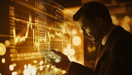 A businessman analyzes financial data displayed on a screen