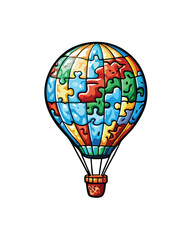 A colorful hot air balloon made of puzzle pieces, floating in the sky.