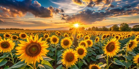 Obraz premium Golden Sunflowers Bloom Under Dramatic Sunset, Nature, Photography, Landscape