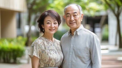 Happy middle aged Asian Japanese couple smiling outdoors