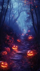 Fototapeta premium Enchanted Forest Trail at Night with Glowing Pumpkins and Ghostly Figures Amidst the Fog
