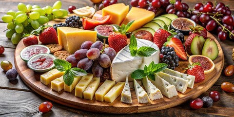 Gourmet Cheese and Fruit Platter on Wooden Board, Grapes, Figs, Strawberries, Cheeseboard, Appetizer, Food