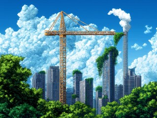 A futuristic city skyline with towering skyscrapers, a construction crane, and greenery growing on buildings. The image depicts a blend of urban development and nature.