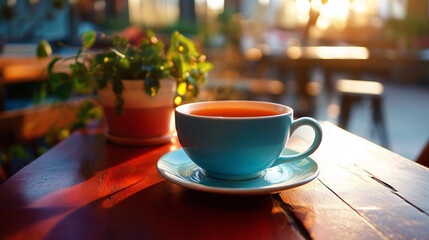 cup of tea on the table at cafe in the morning