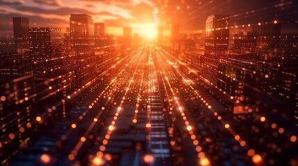 Fototapeta premium A futuristic cityscape illuminated by a bright orange sunset, with glowing lines connecting the buildings.