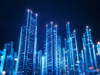 Fototapeta premium A futuristic cityscape with glowing blue skyscrapers against a dark night sky.