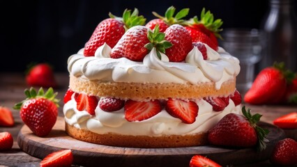 Delicious strawberry cream cake on a wooden table.
