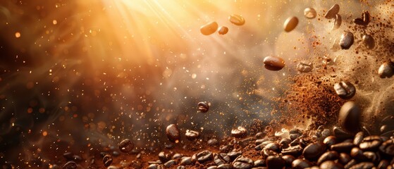 Dynamic scene of flying coffee beans with sunlight illuminating the rich textures, perfect for coffee enthusiasts and brands.