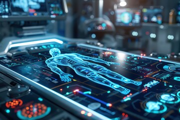 Naklejka premium Futuristic medical interface displaying a holographic human body on a surgical table in a high-tech facility.
