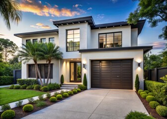 Sleek modern home with crisp white stucco exterior, accented by contrasting black trim and shutters, surrounded by lush greenery and a paved walkway.