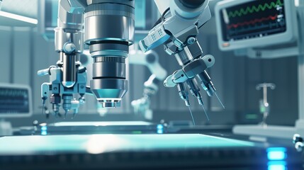 Futuristic robotic arms working in a high-tech laboratory, showcasing advanced technology and precision in automation.