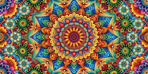 Fototapeta premium Kaleidoscope of Vibrant Flowers in a Symmetrical Mandala, Digital Art, Abstract Pattern, Colorful Art, Mandala, Digital Art, Abstract Pattern