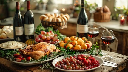 A roasted chicken, fruit, wine, and bread are arranged on a table for a festive meal.