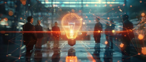 Innovative concept showcasing a glowing lightbulb representing ideas amid silhouettes in a modern setting.