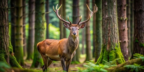 Majestic Deer in Lush Forest, Wide Shot, Single Deer, Mossy Trees, Green Tones, Wildlife, Nature