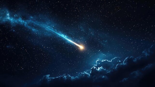 Stunning view of a comet glowing in the night sky, surrounded by stars and wispy clouds, creating a breathtaking cosmic scene.