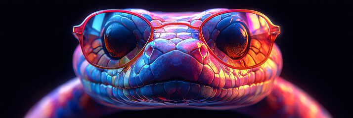 A colorful snake wearing red round sunglasses looks straight into the camera.