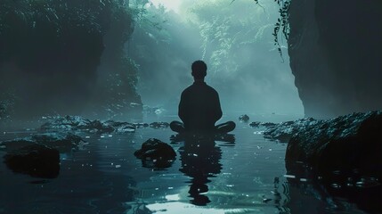 Fototapeta premium A lone figure sits in the lotus position in a misty cave, surrounded by water and rocks, with a shaft of sunlight illuminating the scene.