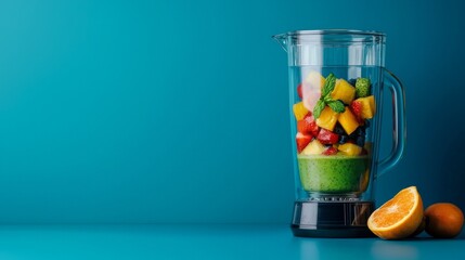 A glass blender filled with fresh fruit on a blue background, ready to be blended into a delicious...