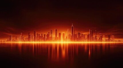 A dramatic city skyline illuminated by vibrant orange hues, reflecting on calm waters under a darkened sky.
