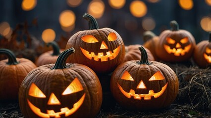 Fototapeta premium Festively carved pumpkins lit up at night create a spooky atmosphere during the Halloween season in a garden