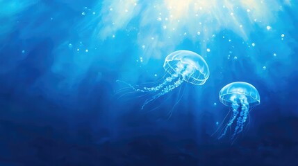 Naklejka premium Graceful jellyfish drifting through calm, illuminated waters, creating a serene underwater atmosphere full of beauty.