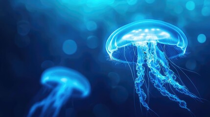 Translucent jellyfish gracefully swim through vibrant blue waters, showcasing their delicate tentacles and mesmerizing glow.