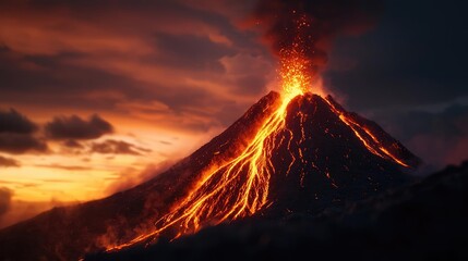 A stunning volcano erupts at sunset, showcasing brilliant lava flows against a dramatic sky.