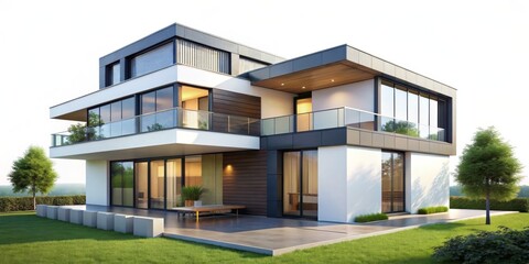Fototapeta premium Modern Minimalist Home Design, 3D Render, White, Black, Wooden Accents, Exterior, Patio