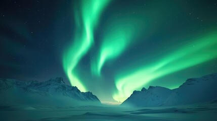 Naklejka premium Stunning display of the aurora borealis illuminating the night sky over snowy mountains, creating a breathtaking winter landscape.