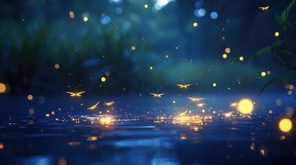Captivating scene of fireflies illuminating a serene riverscape at dusk, creating a magical, tranquil atmosphere.