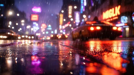 Obraz premium A vibrant night scene with raindrops on the street reflecting colorful city lights and moving cars, creating a dynamic urban atmosphere.