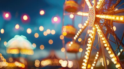 A vibrant night scene featuring a colorful ferris wheel adorned with bright lights against a blurred festive background.