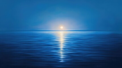 Obraz premium A serene blue seascape at dusk, showcasing tranquil waters reflecting a glowing sunset that creates a peaceful atmosphere.