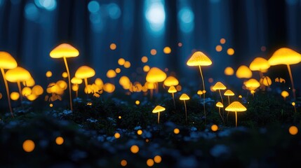Obraz premium Enchanting glowing mushrooms illuminate a dark forest, creating a mystical and serene atmosphere. Perfect for nature-themed design.