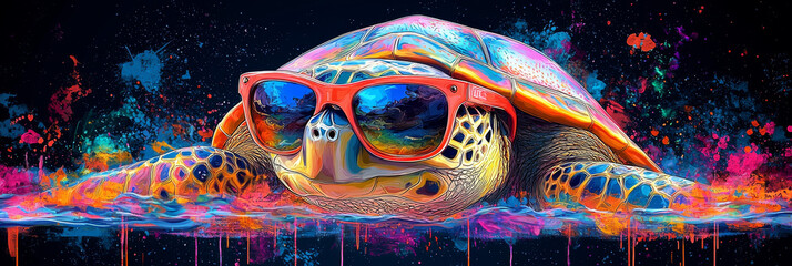 Cool sea turtle with colorful sunglasses in a vibrant, abstract setting.