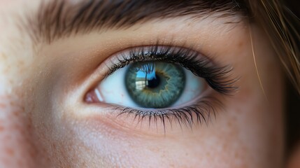 Obraz premium Extreme close-up of human eye with vibrant blue-green iris and visible eyelashes, copy space