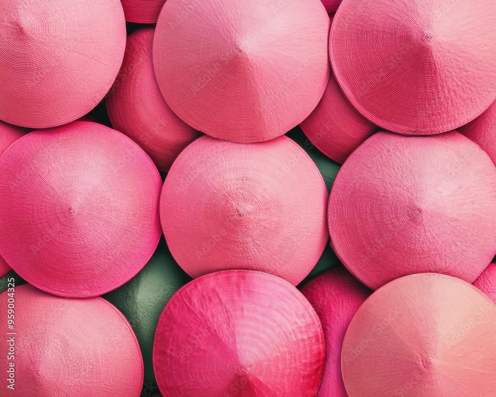 Poster symmetrical pattern of neon pink hats - geometric aerial view with soft pastel tones