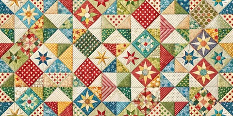Patchwork Quilt Vintage Floral and Geometric Pattern, Colorful Fabric Squares, Retro Textile Design, Quilt, Patchwork, Fabric