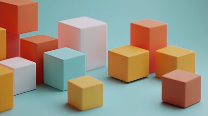 Obraz premium Colorful geometric blocks arranged creatively on a turquoise background, perfect for abstract designs and artistic concepts.