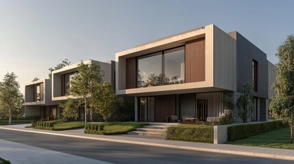 Modern architecture featuring stylish houses with large windows, surrounded by greenery, showcasing contemporary design and elegance.