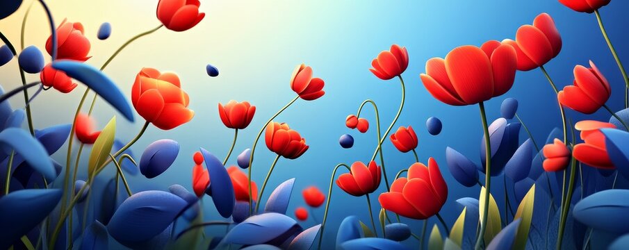 Vibrant flower field with red blooms against a soothing blue background, capturing the essence of nature's beauty and tranquility.