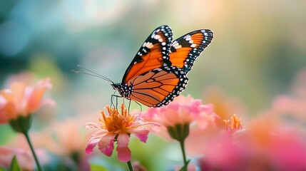 Fototapeta premium Vibrant orange monarch butterfly perched on pink zinnia flower in colorful summer garden, copy space