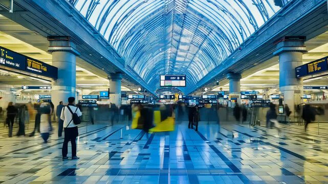 The action captures the constant flow of commuters at a busy train station, highlighting the arrival and departure of trains amid a lively atmosphere.