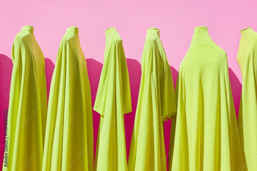 Poster vibrant neon green dresses on soft pink background with consistent pattern and soft shadows