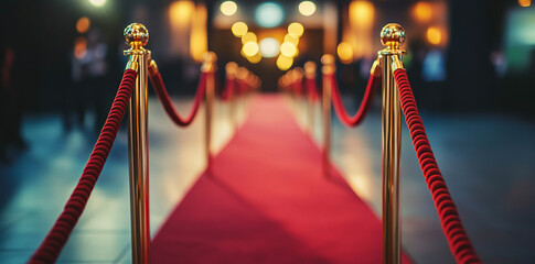 Red carpet and golden stands for an event, a red rope barrier in front of the entrance to an award ceremony