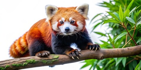 Obraz premium Red Panda Perched on Branch, Full Body, Closeup, Wildlife, Animal, Red Panda, Jungle