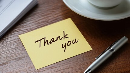 A yellow sticky note with Thank you written in simple handwriting, placed on a wooden desk next to a pen and a cup of coffee